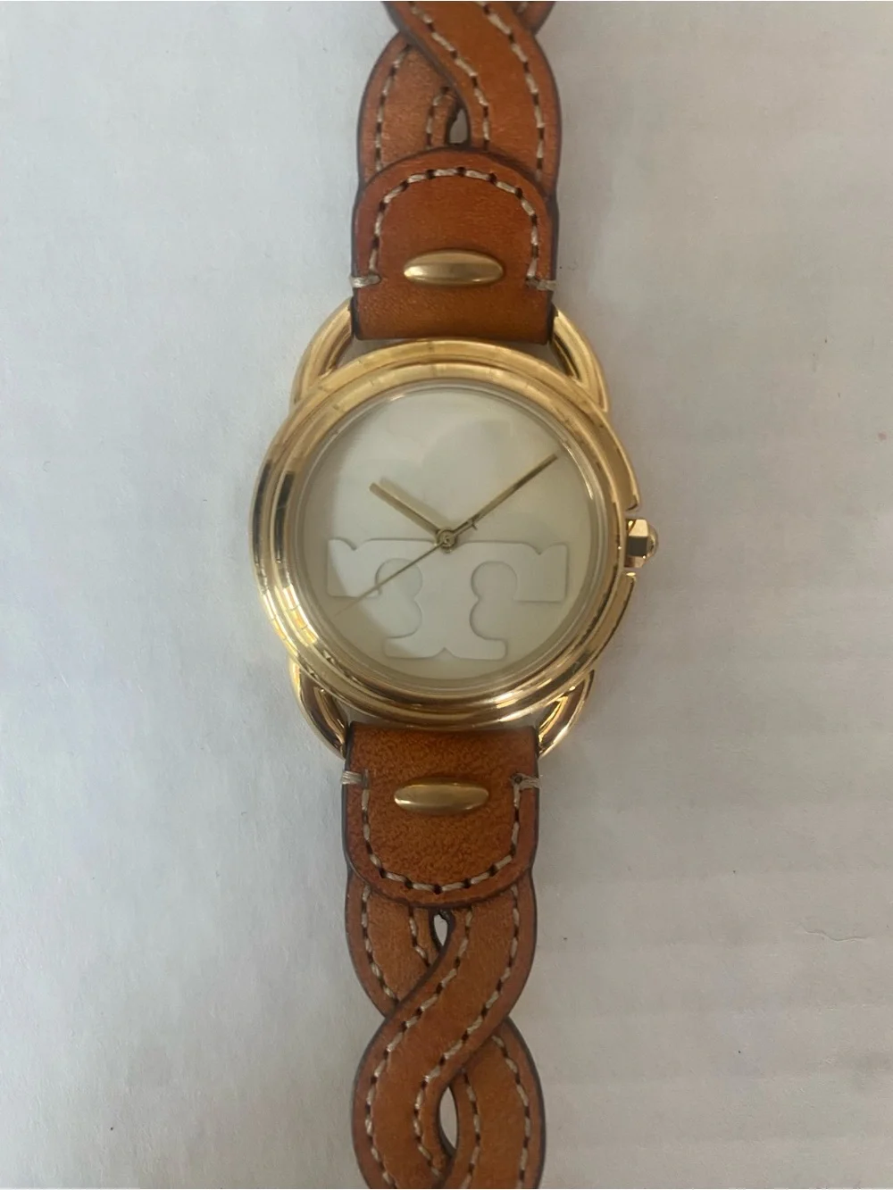 Tory Burch Braided Tan Leather Strap Watch with Gold Case